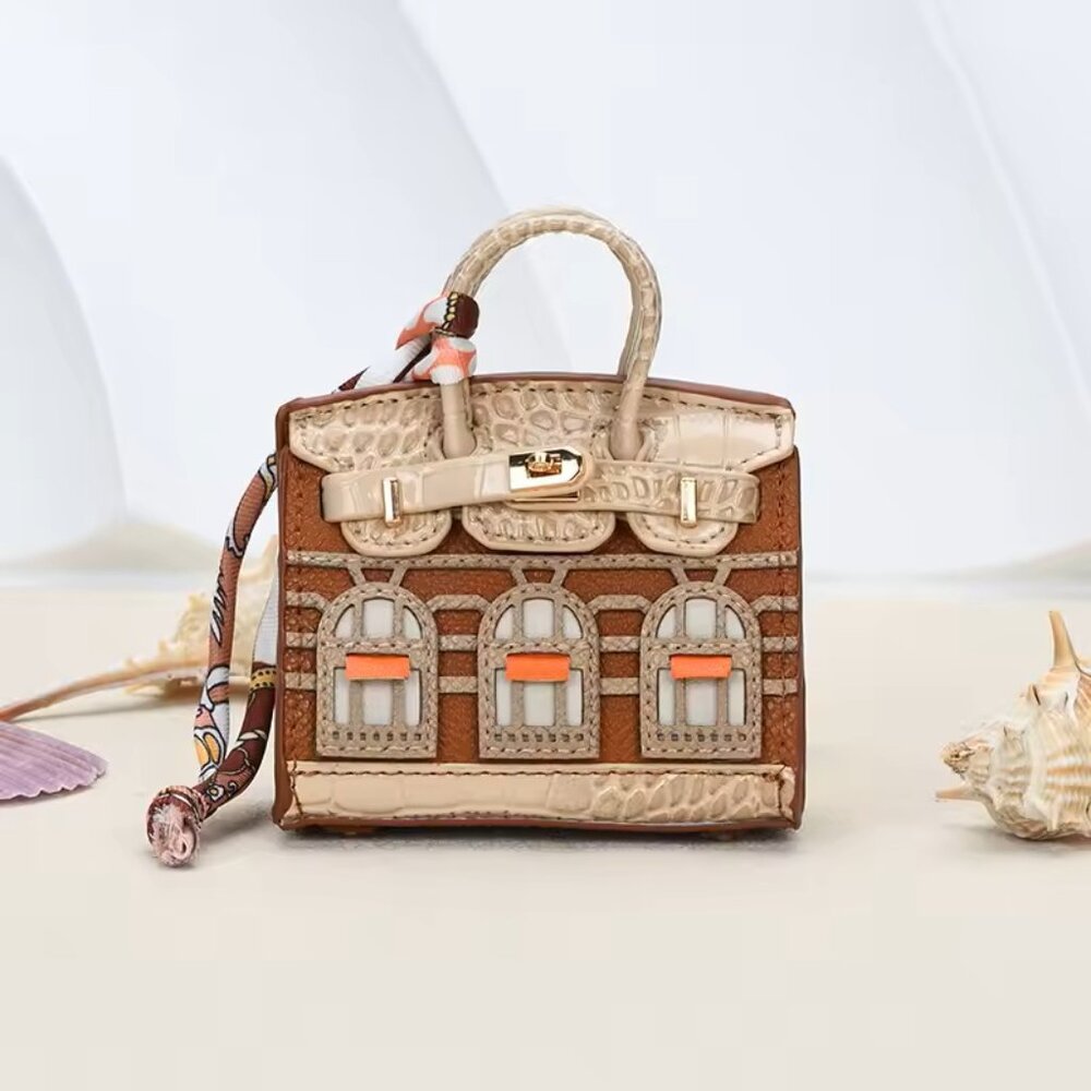 Hand Crafted Brown and Cream Mini Novelty Satchel with Orange Accents